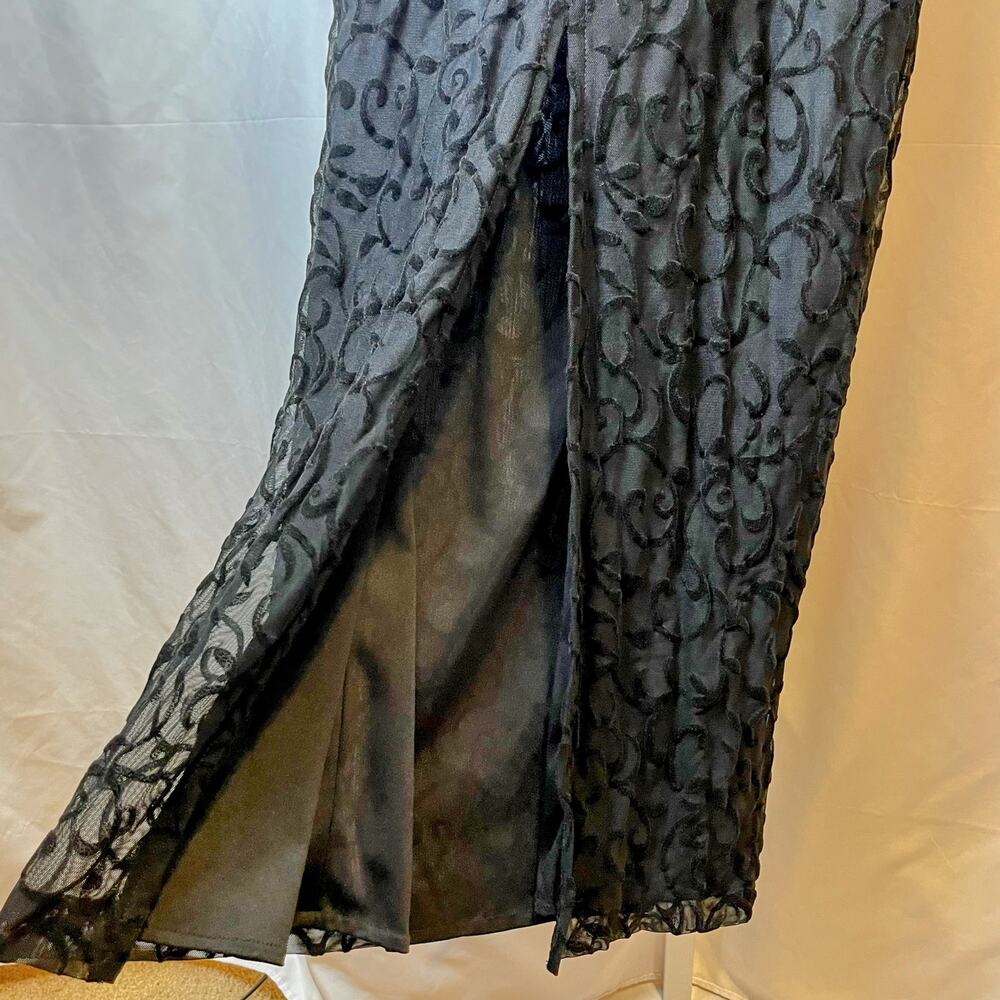 VTG Bari Jay Y2K Black Burnout Velvet Sheer Waist Maxi Dress XS Gothic Vamp 90s - Picture 8 of 8